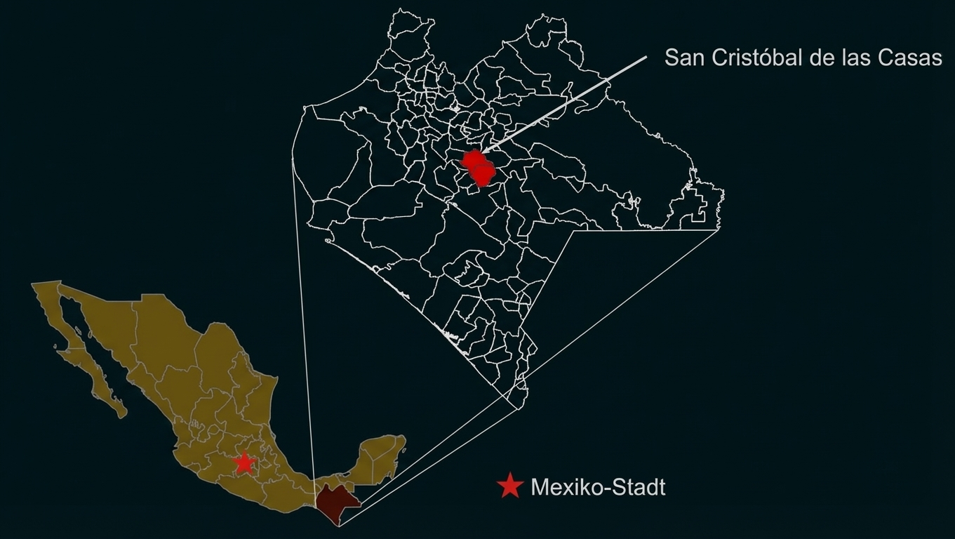 Karte von Mexiko mit hervorgehobenem Gebiet in Chiapas; San Cristóbal de las Casas und Mexiko-Stadt markiert.